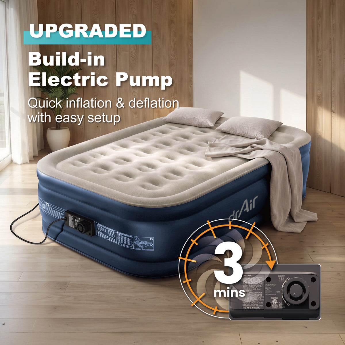 AeroCell Air Mattress - Full 18" Cup - Gray Top Blue Base - Built-in Pump