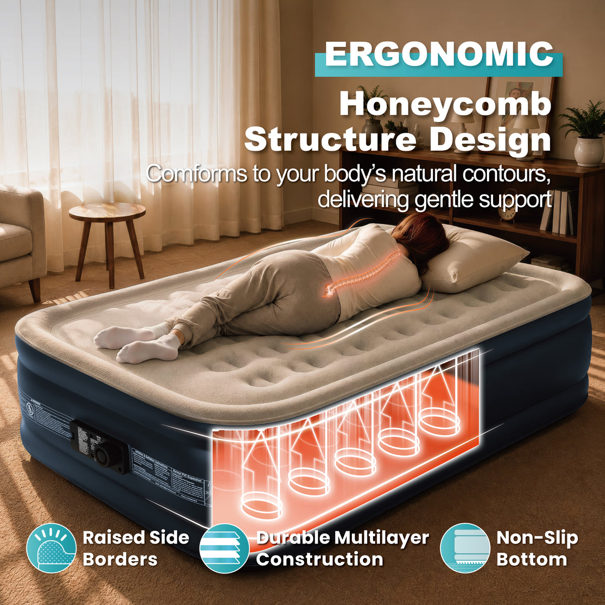 AeroCell Air Mattress - Full 18" Cup - Gray Top Blue Base - Built-in Pump