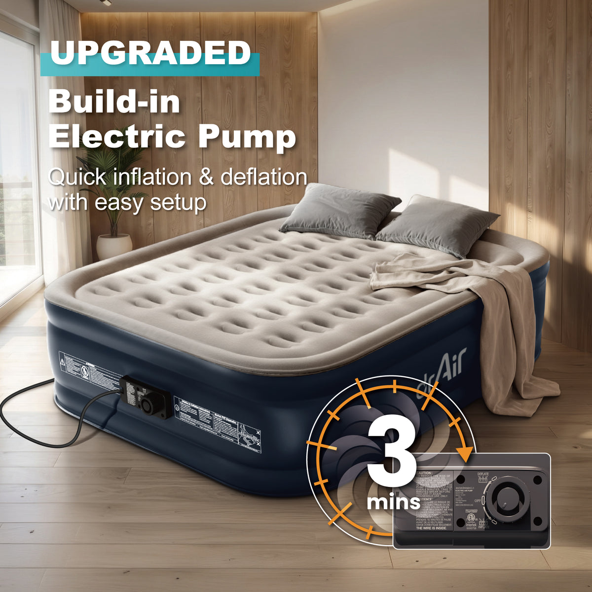AeroCell Air Mattress - Queen 18" Cup - Gray Top Blue Base - Built-in Pump