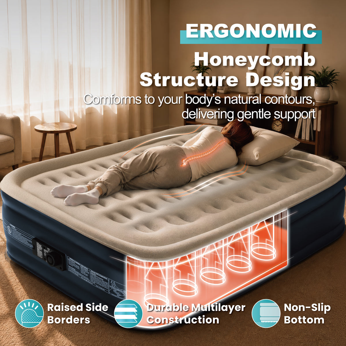 AeroCell Air Mattress - Queen 18" Cup - Gray Top Blue Base - Built-in Pump