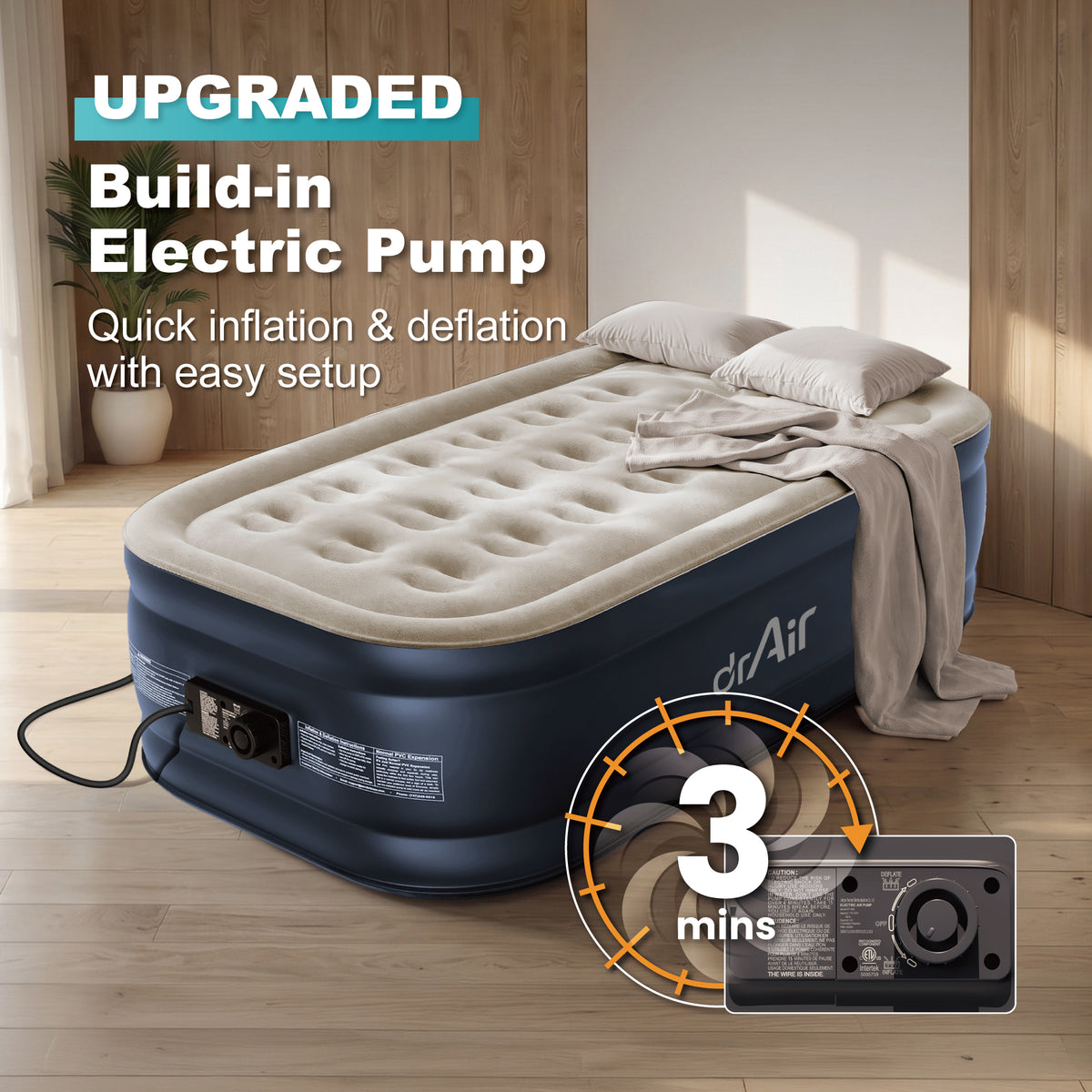 AeroCell Air Mattress - Twin 18" Cup - Gray Top Blue Base - Built-in Pump