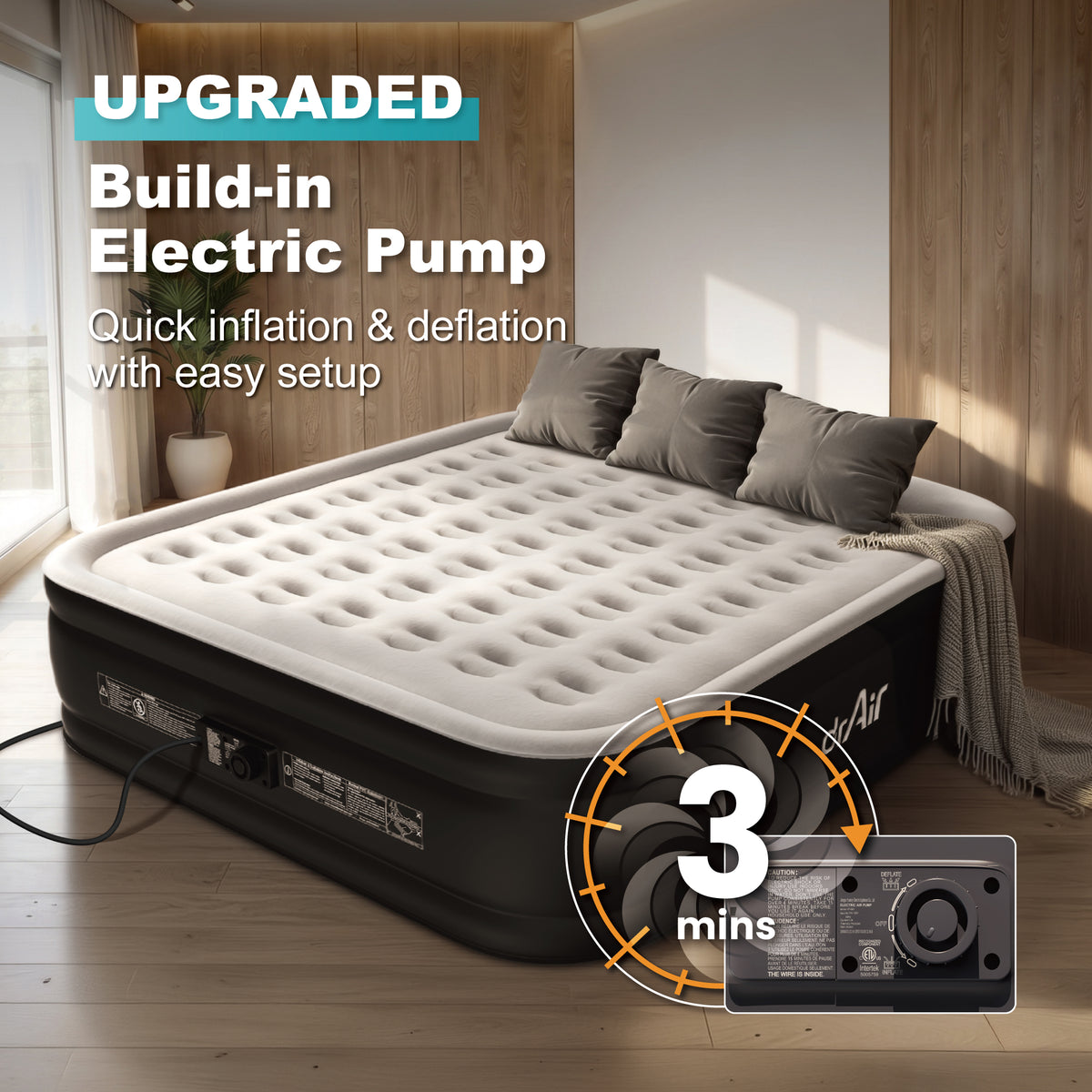 AeroCell Air Mattress - King 18" Cup - Gray Top Black Base - Built-in Pump
