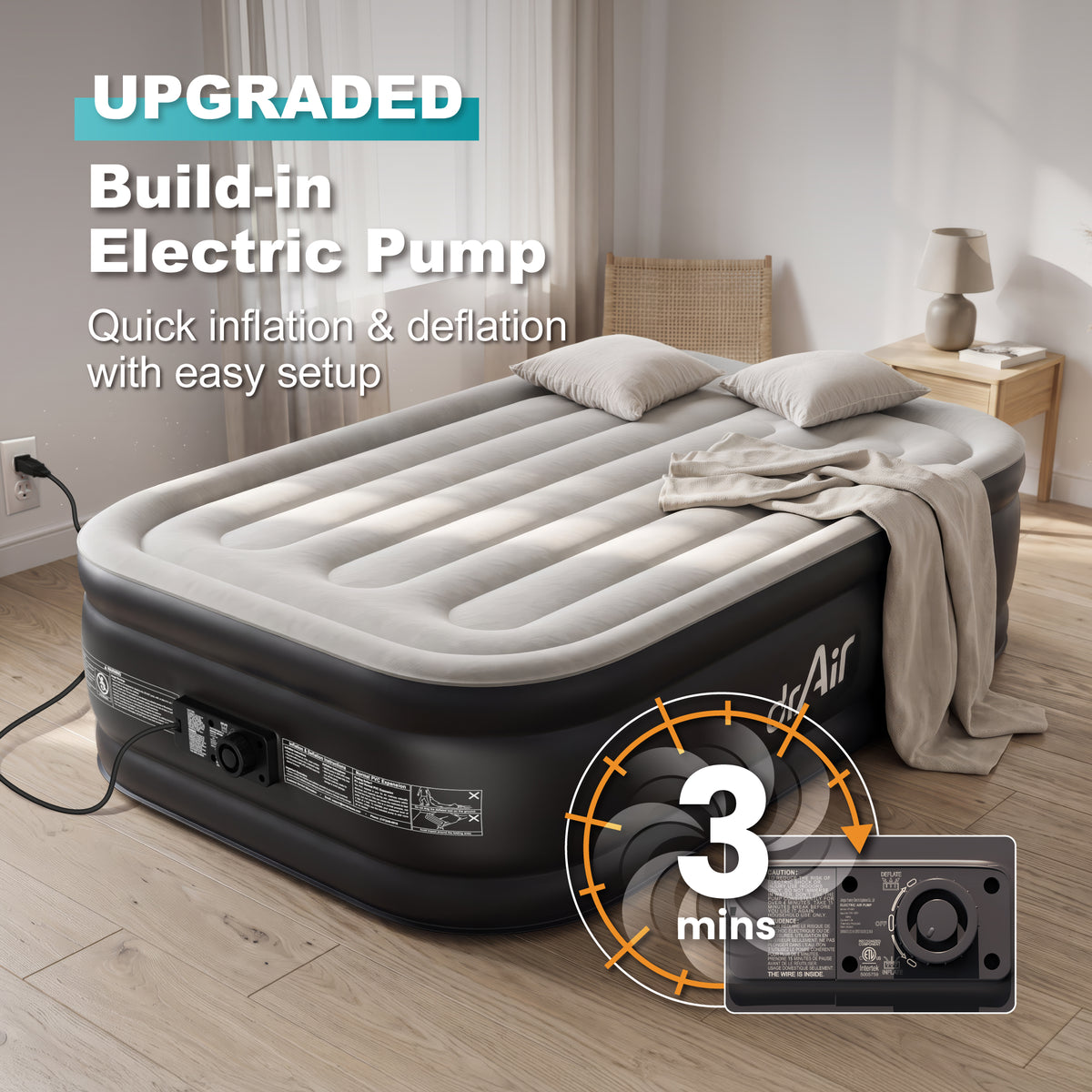 AeroBeam Air Mattress - Full 18" Vertical - Gray Top Black Base - Built-in Pump