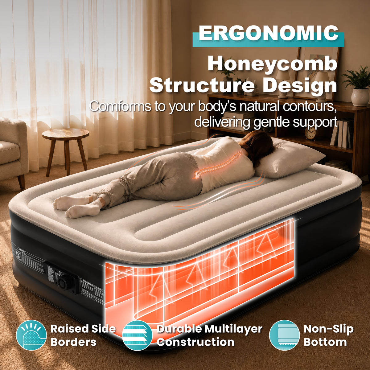 AeroBeam Air Mattress - Full 18" Vertical - Gray Top Black Base - Built-in Pump
