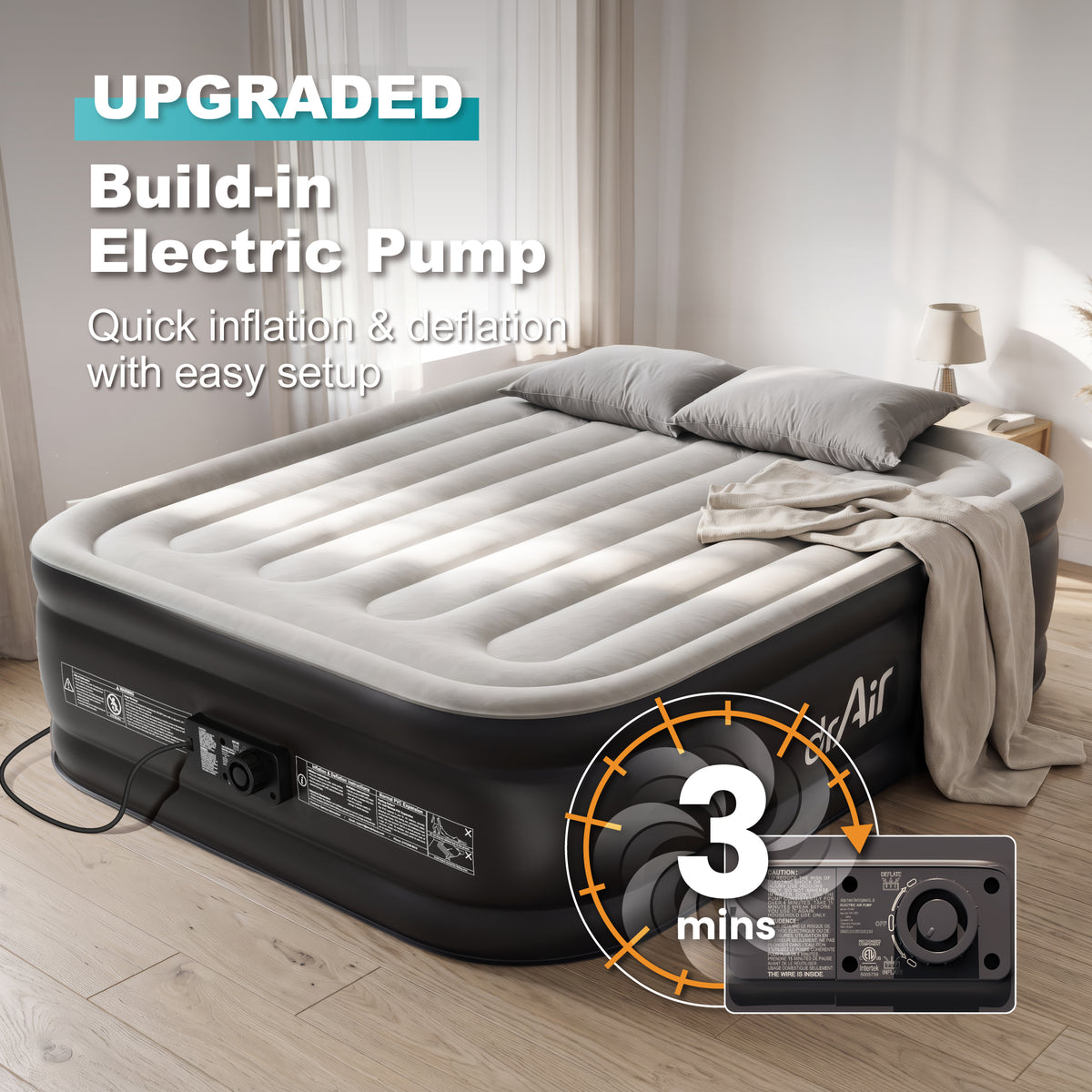 Dr. air Queen Air Mattress with Built-in Pump, 18" Raised Blow Up Mattress, 500 lbs Max Honeycomb Air Bed — Blue Top / White Base / Vertical