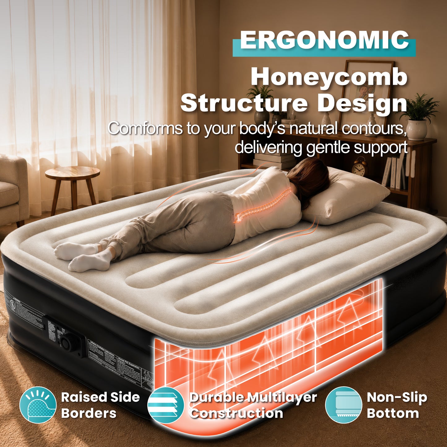 Dr. air Queen Air Mattress with Built-in Pump, 18" Raised Blow Up Mattress, 500 lbs Max Honeycomb Air Bed — Blue Top / White Base / Vertical