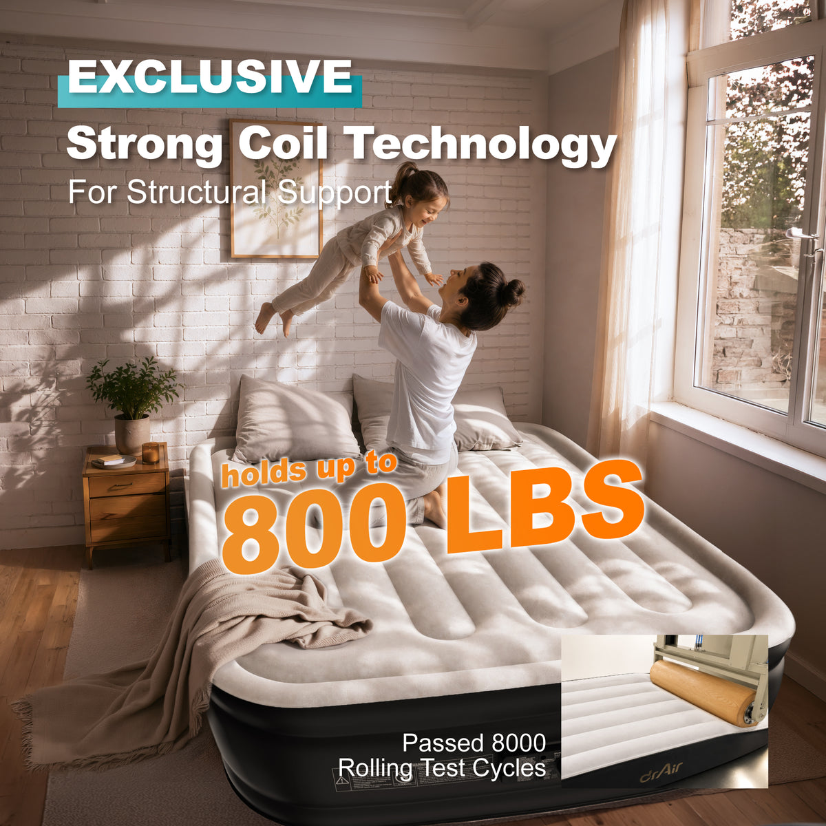 Dr. air Queen Air Mattress with Built-in Pump, 18" Raised Blow Up Mattress, 500 lbs Max Honeycomb Air Bed — Blue Top / White Base / Vertical