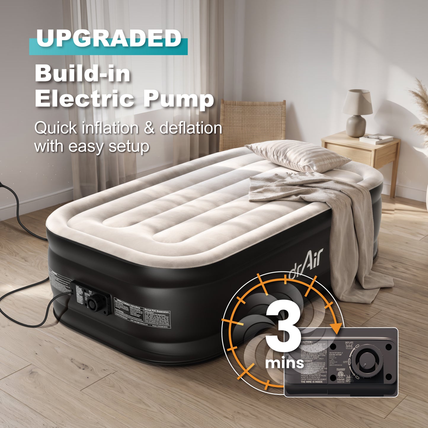Dr. air Twin Air Mattress with Built-in Pump, 18" Raised Blow Up Mattress, 500 lbs Max Honeycomb Air Bed — Blue Top / White Base / Vertical
