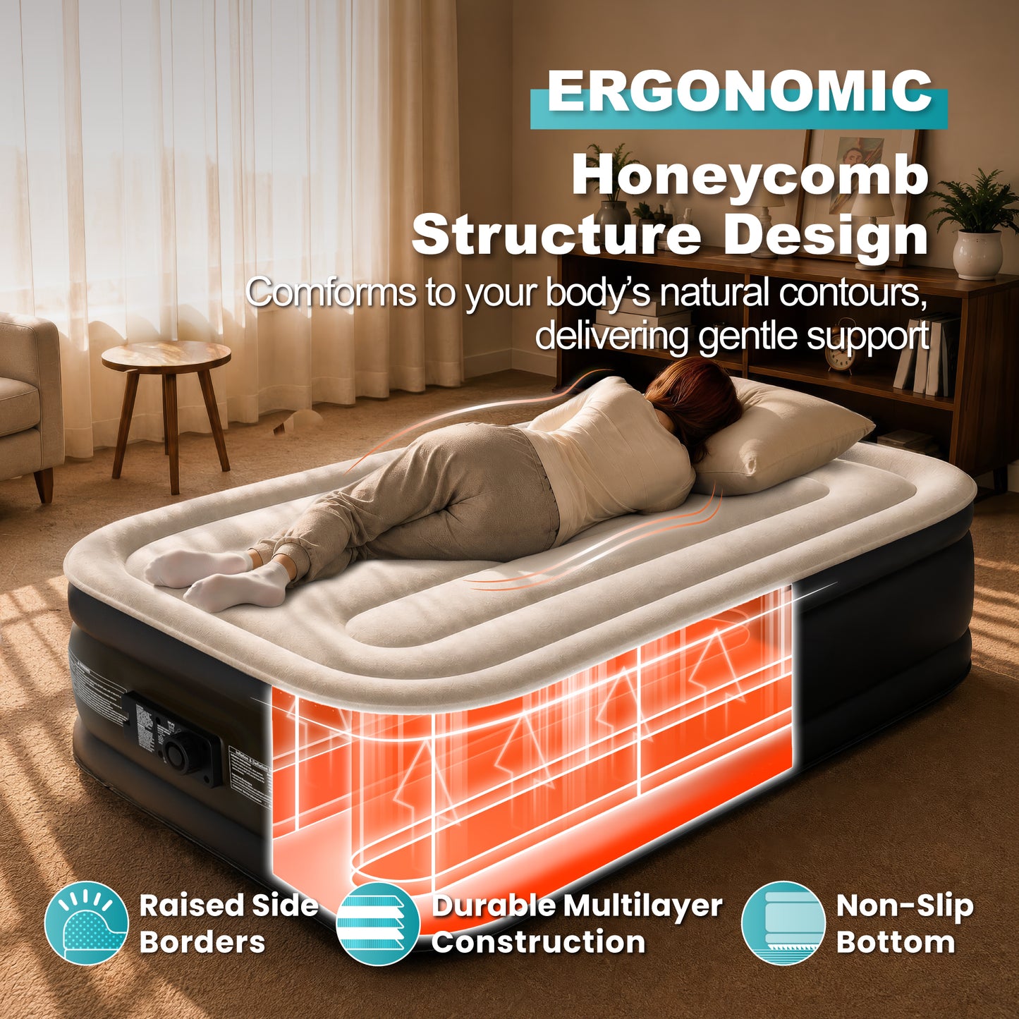 Dr. air Twin Air Mattress with Built-in Pump, 18" Raised Blow Up Mattress, 500 lbs Max Honeycomb Air Bed — Blue Top / White Base / Vertical