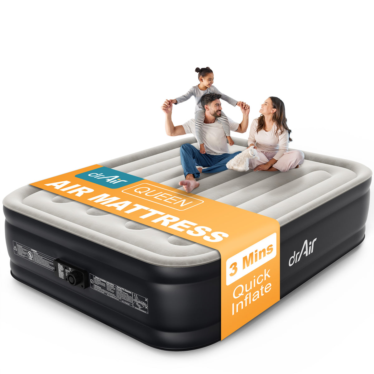 Dr. air Queen Air Mattress with Built-in Pump, 18" Raised Blow Up Mattress, 500 lbs Max Honeycomb Air Bed — Blue Top / White Base / Vertical