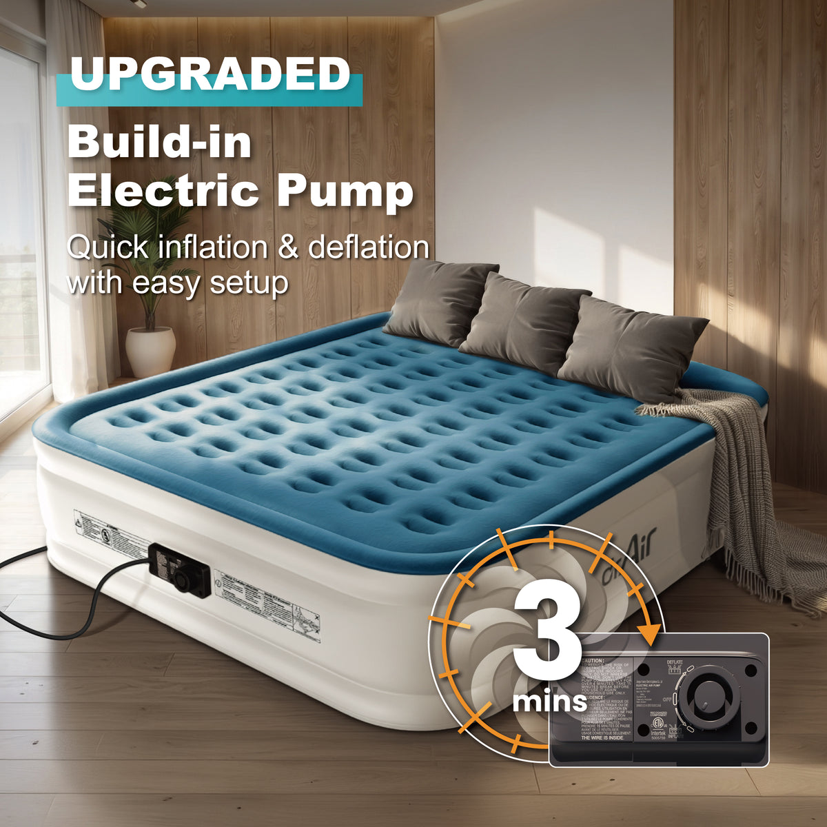 AeroCell Air Mattress - King 18" Cup - Blue Top White Base - Built-in Pump