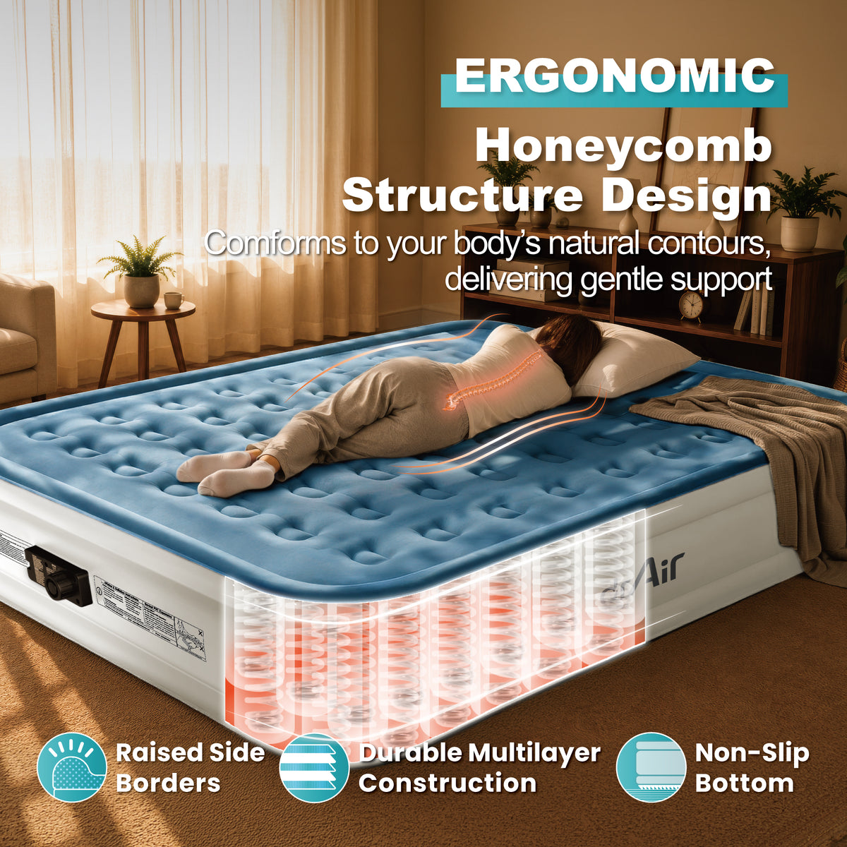 AeroCell Air Mattress - King 18" Cup - Blue Top White Base - Built-in Pump